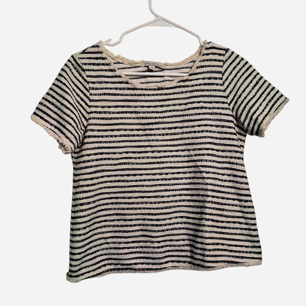 Green Envelope Short Sleeve Top S Cream Navy Striped Raw Hem Fringe Boho Chic